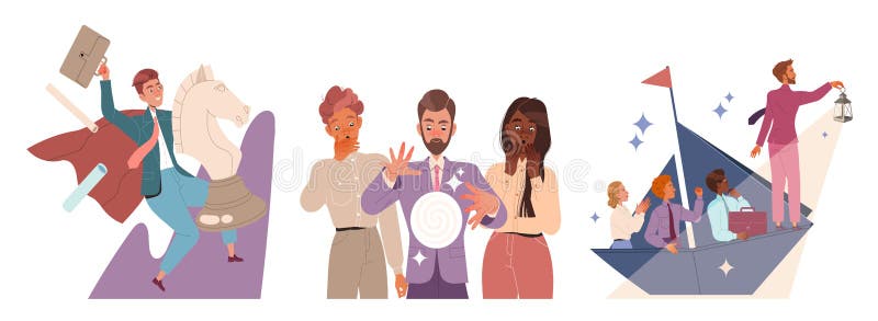 Leader Leading Team to Future Directing and Navigating with Lantern on Boat and Crystal Ball Vector Set stock illustration