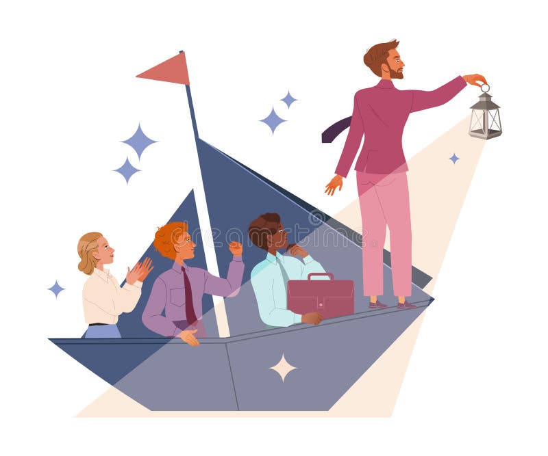 Leader Leading Team to Future Directing and Navigating with Lantern on Boat Vector Illustration vector illustration