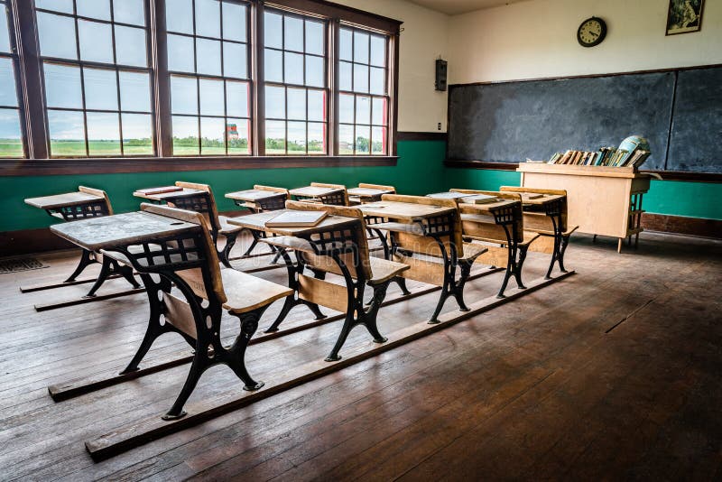 Leader, SK/Canada- June 19, 2020: The interior of an old, rural one-room schoolhouse on the prairies near Leader, Saskatchewan