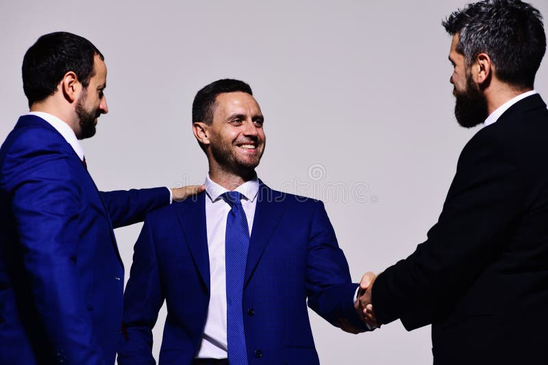 Leaders have business meeting making deal. Businessmen with happy faces royalty free stock photos Leaders have business meeting making deal. Businessmen with happy faces royalty free stock photos