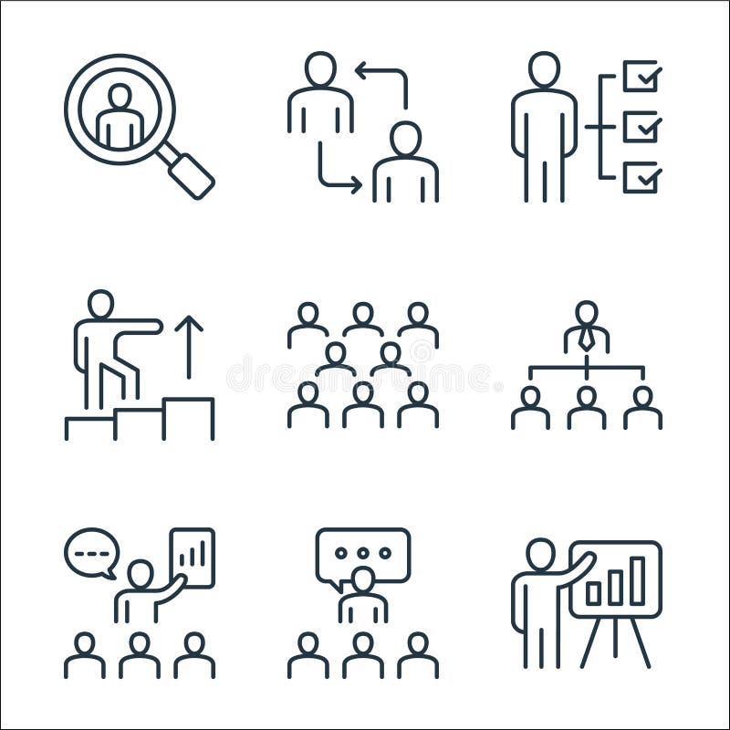 Leadership line icons. linear set. quality vector line set such as presentation, briefing, presentation, team, leadership, task royalty free illustration