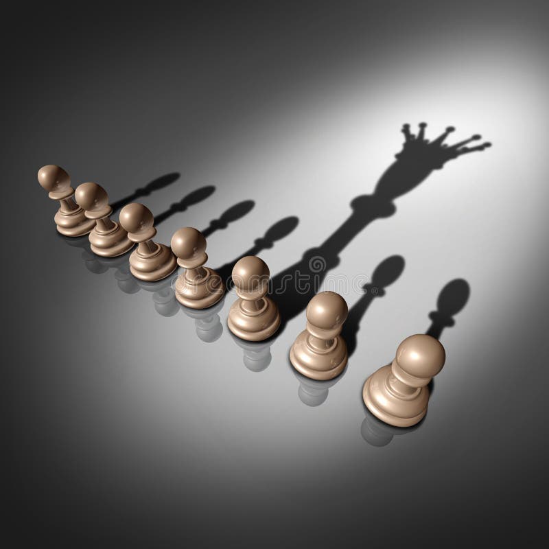 Leadership Search. And business recruitment concept as a group of pawn chess pieces and one individual standing out with a king crown cast shadow as a metaphor vector illustration Leadership Search. And business recruitment concept as a group of pawn chess pieces and one individual standing out with a king crown cast shadow as a metaphor vector illustration