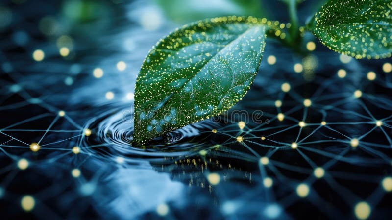 Leaf with digital network and water ripples illuminated by lights royalty free stock photography