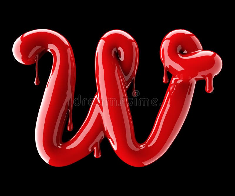Leaky Red Alphabet on Black Background. Handwritten Cursive Letter W