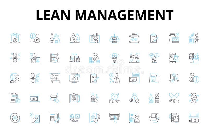 Lean Management linear icons set. Efficiency, Optimization, Kaizen, Continuous-improvement, Standardization, Streamlining, Production line vector and concept signs. Quality,Waste-reduction,PDCA outline illustrations
