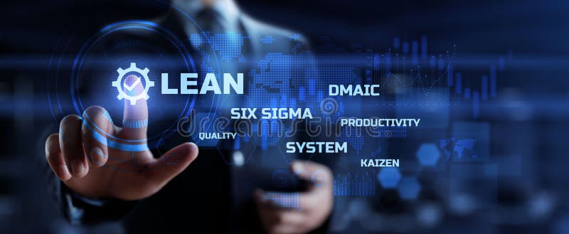 Lean manufacturing DMAIC, Six sigma system. Business and industrial process optimisation concept on virtual interface.