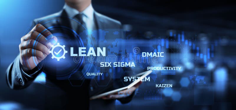 Lean manufacturing DMAIC, Six sigma system. Business and industrial process optimisation concept on virtual interface.