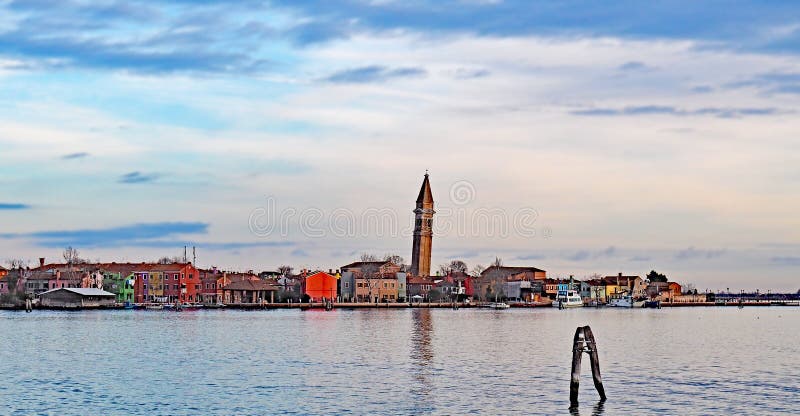 The leaning tower of the Campanile of San Martino church on the island of Burano, Venice