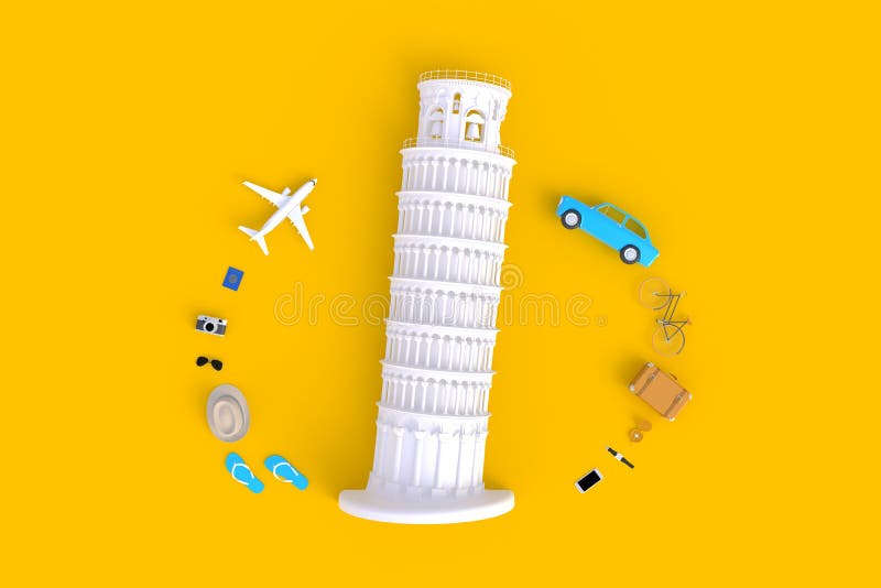 Leaning Tower of Pisa, Italy, Europe, Italian Architecture, Top view of Traveler`s accessories abstract minimal yellow background stock illustration