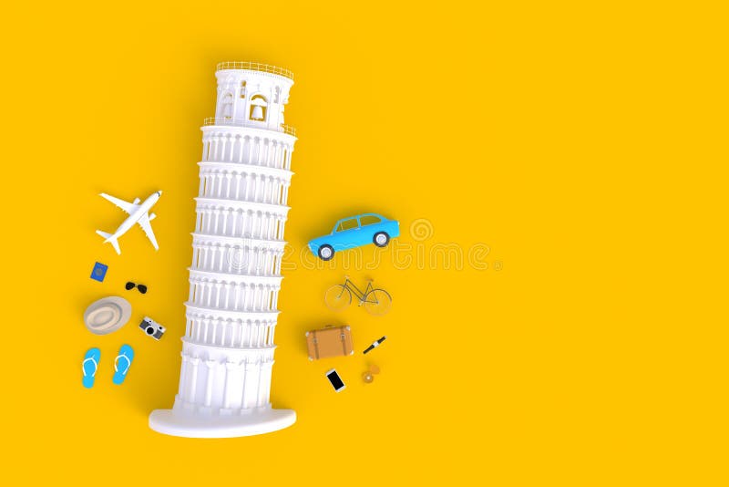 Leaning Tower of Pisa, Italy, Europe, Italian Architecture, Top view of Traveler`s accessories abstract. royalty free illustration