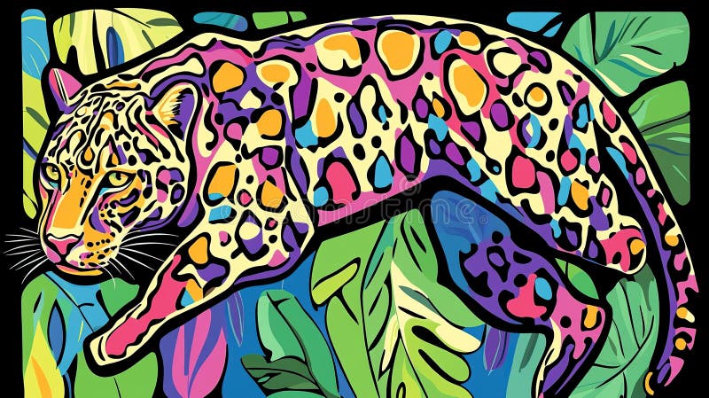 Leaping colorful jaguar jungle vibrant artwork print royalty free stock photos