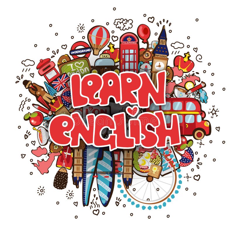 Learn English educational and travelling concept. Learning English vector cartoon illustration. Set of Fun cartooning