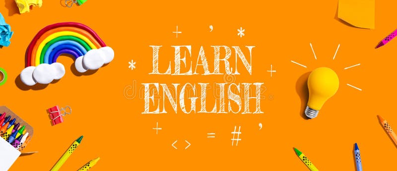 Learn English Theme with School Supplies - Flat Lay Stock Photo - Image