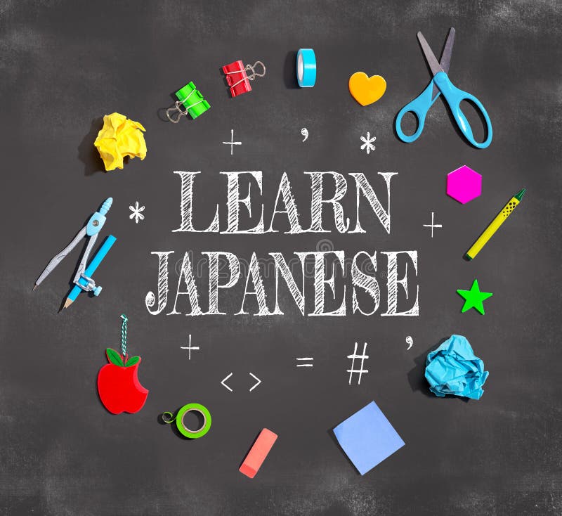 Learn Japanese Theme with School Supplies on a Chalkboard Stock Image