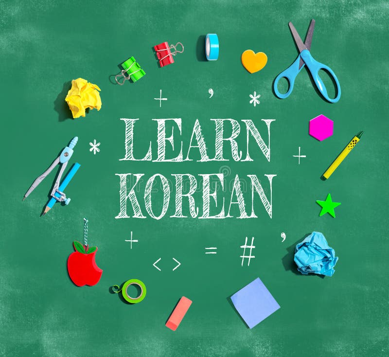 Learn Korean Theme with School Supplies on a Chalkboard Stock Image