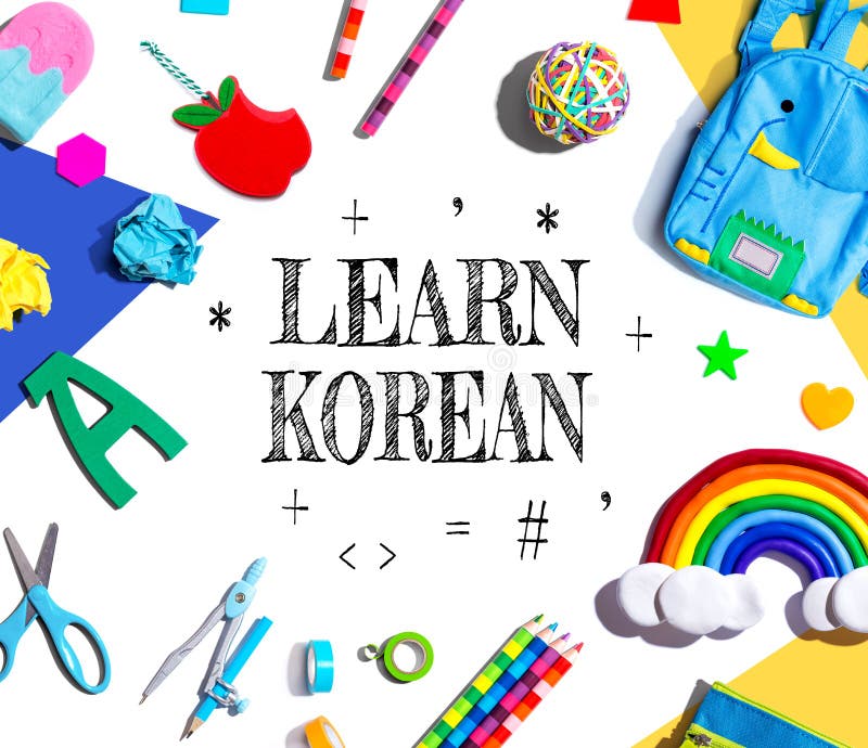 Learn Korean Theme with School Supplies Flat Lay Stock Photo Image