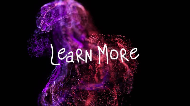 Learn More text over vibrant purple and red abstract particle animation stock illustration