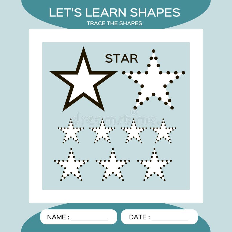 Learn Shapes. Star. Handwriting practice. Trace and write. Educational children game. Kids activity printable sheet. Blue Background. Vector.