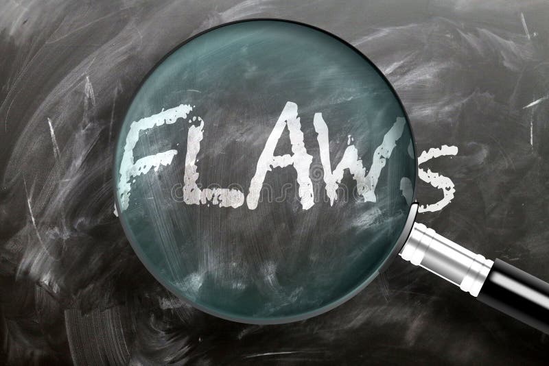 Learn, study and inspect flaws - pictured as a magnifying glass enlarging word flaws, symbolizes researching, exploring and