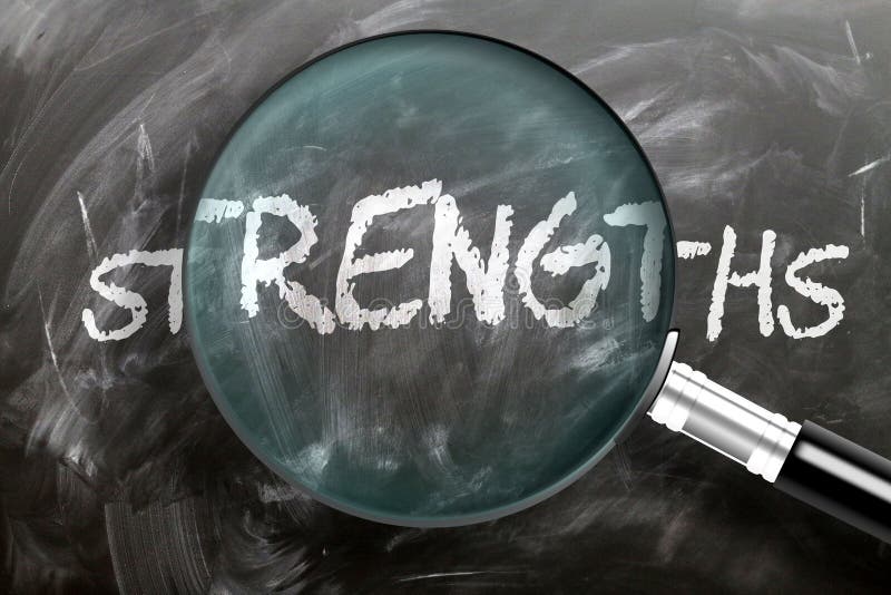 Learn, study and inspect strengths - pictured as a magnifying glass enlarging word strengths, symbolizes researching, exploring and analyzing meaning of strengths, 3d illustration. Board survey stock images, royalty-free photos and pictures