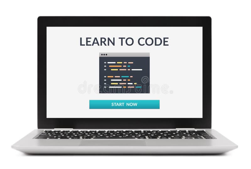 Learn to code concept on laptop computer screen stock images