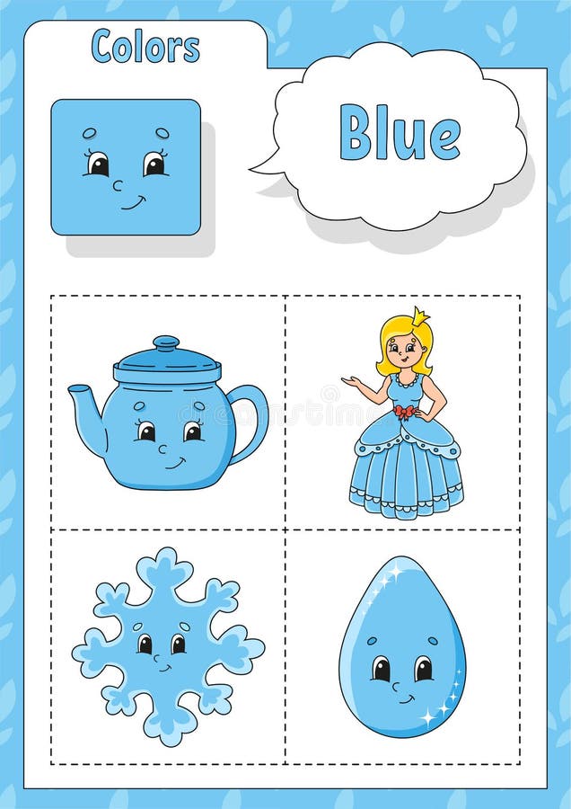 Learning Colors. Blue Color. Flashcard for Kids. Cute Cartoon Characters.  Picture Set for Preschoolers. Education Worksheet Stock Vector -  Illustration of isolated, children: 181177701