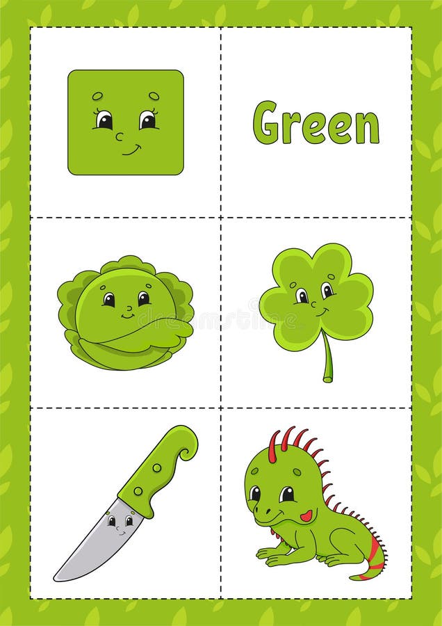 Learning Colors. Green Color. Flashcard for Kids. Cute Cartoon Characters.  Picture Set for Preschoolers. Education Worksheet Stock Vector -  Illustration of kindergarten, flashcard: 181177076