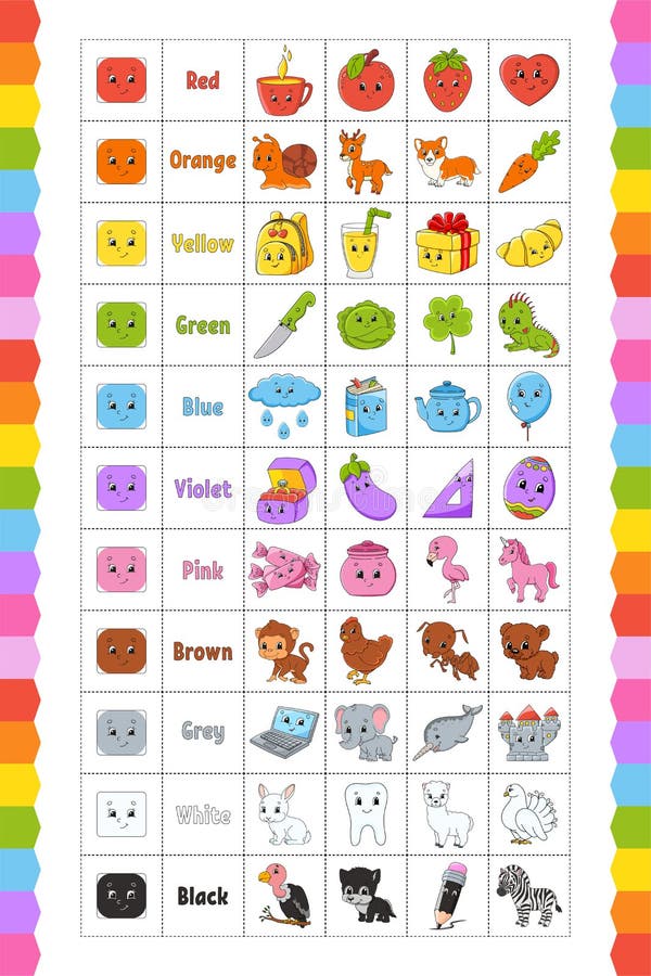 Learning Colors for Kids. Cut and Play. Cute Cartoon Characters. Picture  Set for Preschoolers. Education Worksheet Stock Vector - Illustration of  character, learn: 209290224