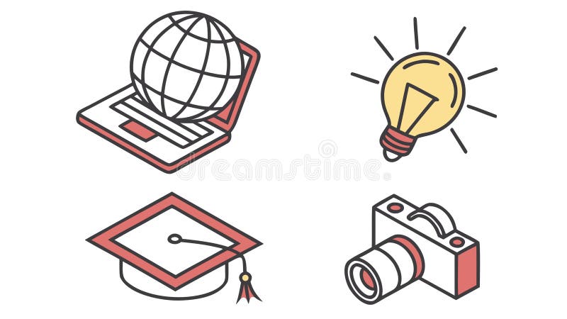 Learning Creativity Icons: Globe, Lightbulb, Graduation Cap, Camera, vector design Generative AI stock illustration