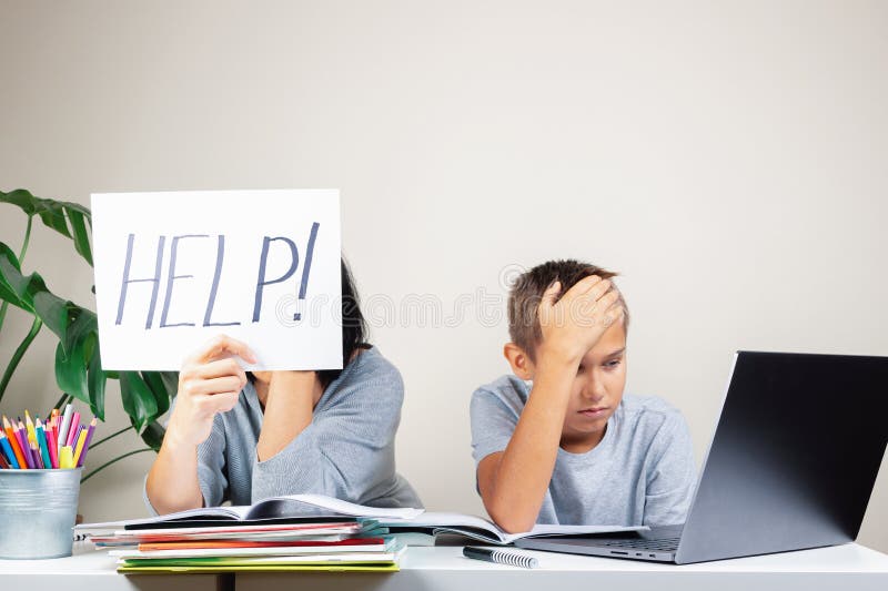 Learning difficulties, remote education, online learning and working at home. Tired mother and sad kid need help to do