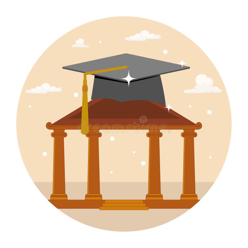 Learning or education concept. Graduation Cap with laptop on mortarboard pillars. stock illustration
