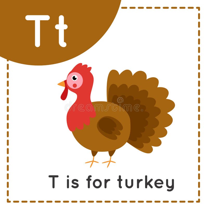 Learning English alphabet for kids. Letter T. Cute cartoon turkey.