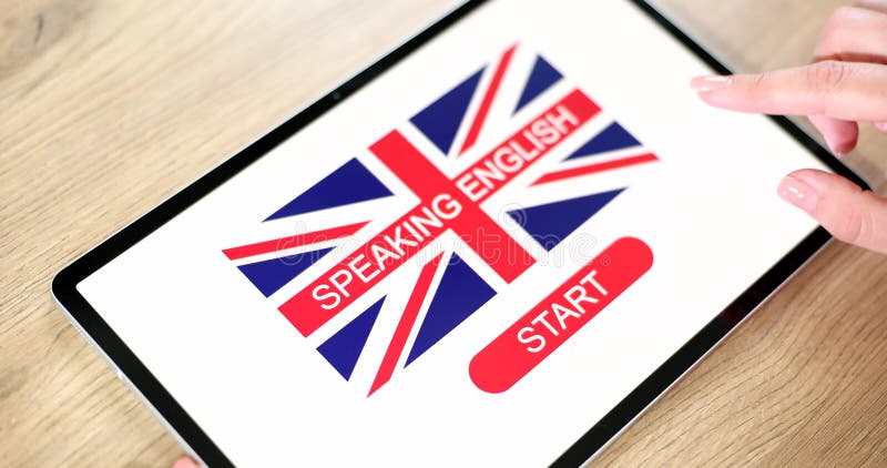 Learning English and British remotely online. Hand drawn english flag on tablet