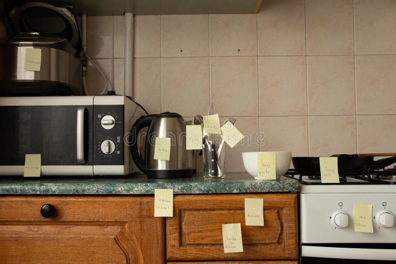 Learning English Using Cards Hung in the Kitchen in the Apartment
