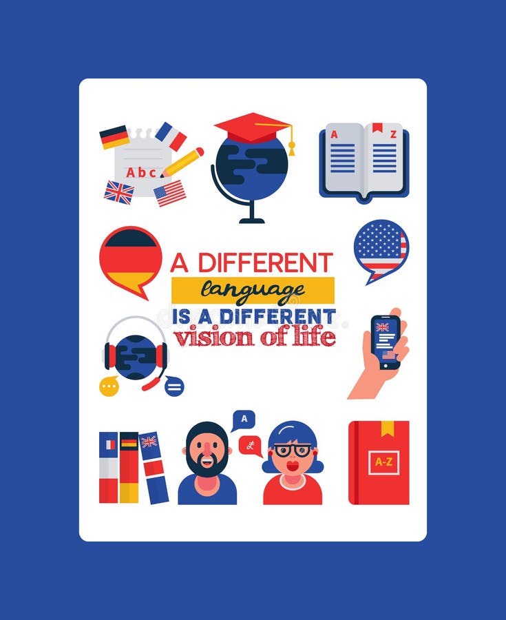 Learning foreign languages vector illustration with typography. Translation, cartoon character and dictionary, foreign stock illustration Learning foreign languages vector illustration with typography. Translation, cartoon character and dictionary, foreign stock illustration