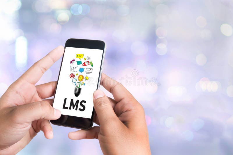 Learning Management System (LMS) person holding a smartphone on blurred cityscape background