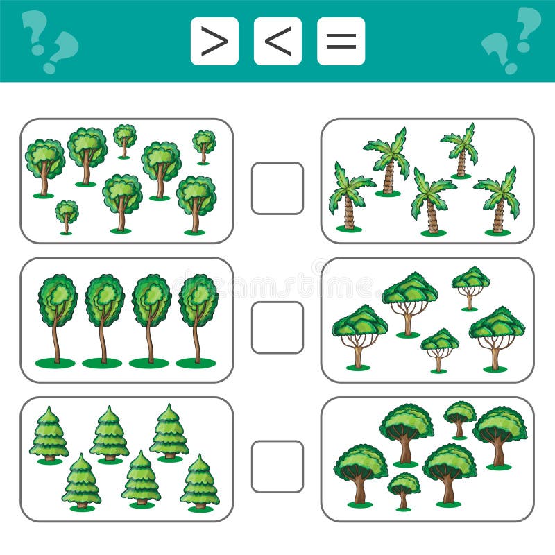 Learning mathematics, numbers - choose more, less or equal. Tasks for children vector illustration Learning mathematics, numbers - choose more, less or equal. Tasks for children vector illustration