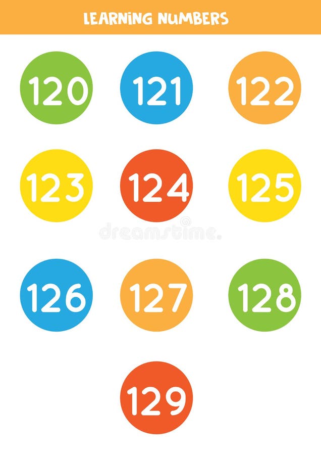 Learning Numbers Cards from 120 To 129. Colorful Flashcards. Stock