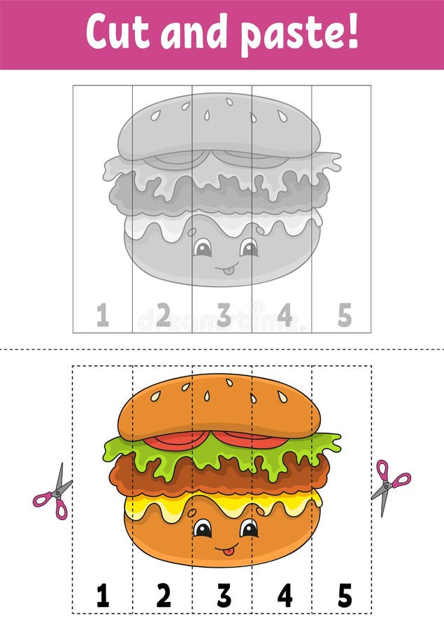 Learning numbers 1-5. Cut and glue. Cartoon character. Education developing worksheet. Game for kids. Activity page. Color