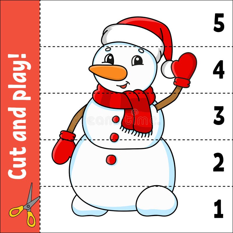 Learning numbers 1-5. Cut and play. Cute snowman. Education worksheet. Game for kids. Color activity page. Puzzle for children.