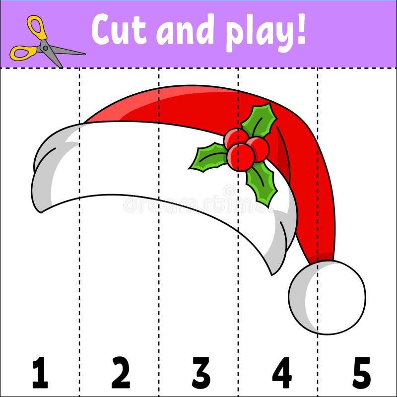 Learning numbers 1-5. Cut and play. Santa claus hat. Education worksheet. Game for kids. Color activity page. Puzzle for children