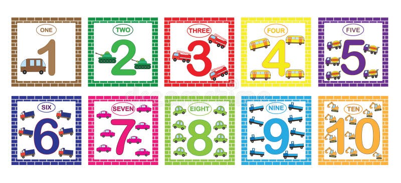 Learning numbers, mathematics with cars transport. Flash cards with numbers from 1 to 10, set. Game for children