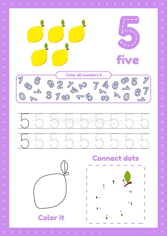 Learning numbers. Number 5. Trace, color, dot to dot on one page