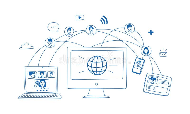 Learning online, e-learning, connection with different people around the world. Distance education stock illustration