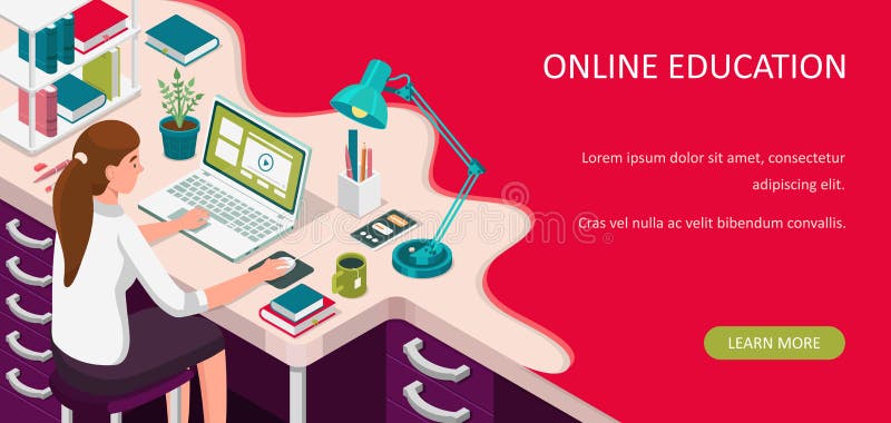 Learning online at home. Student sitting at desk and looking at laptop. E-learning banner. Web courses or tutorials concept. Dista vector illustration