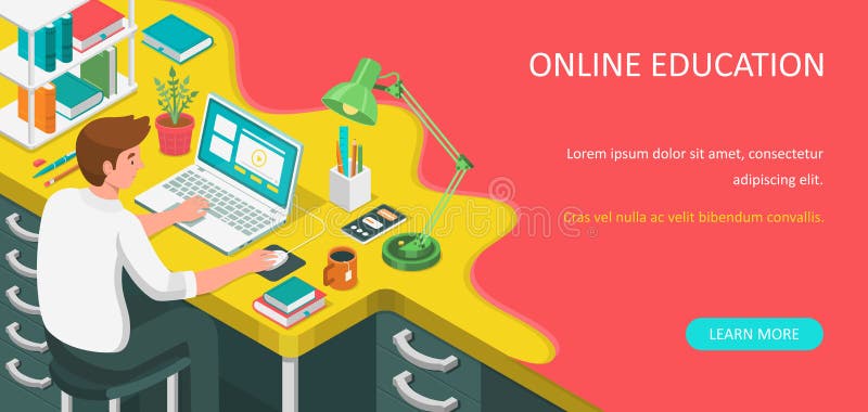 Learning online at home. Student sitting at desk and looking at laptop. E-learning banner. Web courses or tutorials concept. Dista stock illustration