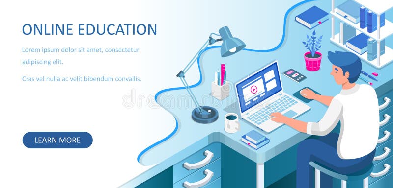 Learning online at home. Student sitting at desk and looking at laptop. E-learning banner. Web courses or tutorials concept. Dista vector illustration