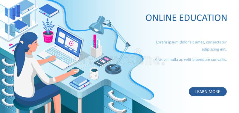 Learning online at home. Student sitting at desk and looking at laptop. E-learning banner. Web courses or tutorials concept. Dista stock illustration
