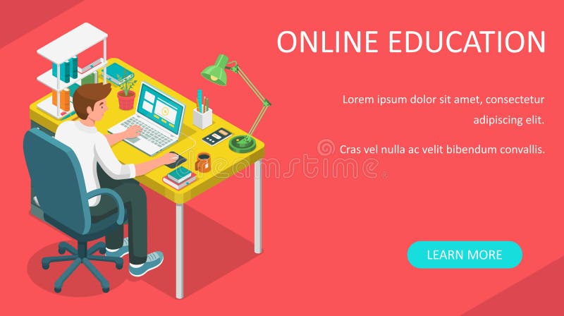 Learning online at home. Student sitting at desk and looking at laptop. E-learning banner. Web courses or tutorials concept. Dista vector illustration