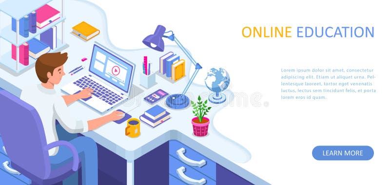 Learning online at home. Student sitting at desk and looking at laptop. E-learning banner. Web courses or tutorials concept. Dista stock illustration